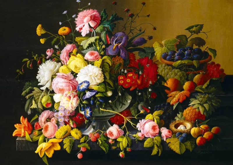 Art by Bluebird Bluebird Puzzle - Severin Roesen - Still Life, Flowers and Fruit, 1855 - 1000 Piece Jigsaw Puzzle Clearance