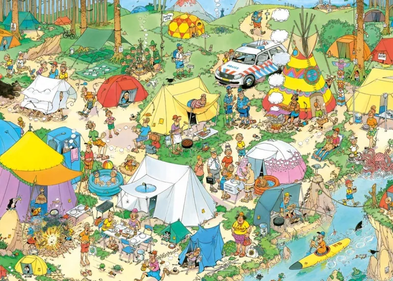 Falcon de luxe Jan Van Haasteren - Camping In The Forest - 1000 Piece Jigsaw Puzzle Clearance