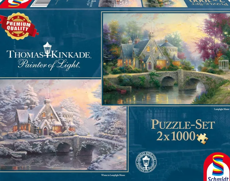 Schmidt - Thomas Kinkade: Lamplight Manor/Winter in Lamplight Manor - 2 x 1000 Piece Jigsaw Puzzle Clearance