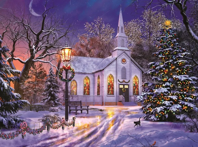 Sunsout - The Old Christmas Church - 1000 piece jigsaw puzzle Clearance